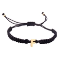Minimalist black woven rope bracelet with a gold metal letter F and sliding closure - Black Rope F (B2925-F)