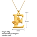 Detail of 18K gold stainless steel letter E pendant with butterfly engraving and dimensions - Butterfly Letter E (E-XL0196)