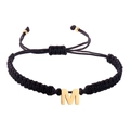 Handmade woven black rope bracelet with a gold-plated letter M charm and beads - Black Rope M (B2925-M)