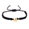 Handmade woven black rope bracelet with a gold stainless steel letter N pendant - Black Rope N (B2925-N)
