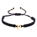 Adjustable black braided rope bracelet featuring a golden stainless steel letter P charm - Black Rope P (B2925-P)
