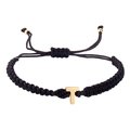 Adjustable black woven rope bracelet with a gold-plated letter T pendant charm - Black Rope T (B2925-T)