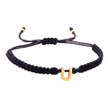 Minimalist black braided bracelet with golden letter U charm and adjustable cord - Black Rope U (B2925-U)