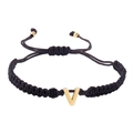 Minimalist black braided bracelet with a golden letter V pendant and adjustable strap - Black Rope V (B2925-V)