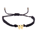 Adjustable black woven rope bracelet featuring a golden stainless steel initial W charm - Black Rope W (B2925-W)