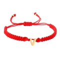 Minimalist red braided rope bracelet with golden stainless steel initial V pendant - Red Rope V
