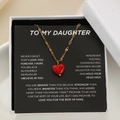 Golden necklace with red heart pendant on inspirational message card in gift box - Daughter Theme