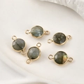 Detailed view of five round faceted labradorite stone connectors with gold plated edges - Larvikite