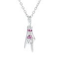 Silver hand gesture pendant necklace with pink crystals and heart detail on a white background - Platinum-Red