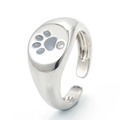 Polished silver signet ring featuring a grey enamel paw print and a sparkling zircon stone - Adjustable Open / Silver