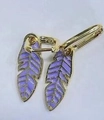 Golden feather-shaped earrings with purple enamel inlay and round hoop design - Purple