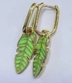Neon green leaf-shaped drop earrings with gold-tone rectangular hoop fastening - Green