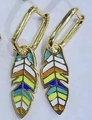 Colorful enamel leaf-shaped pendant on gold rectangular hoop earrings for women - Colorful