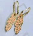 Golden feather drop earrings with coral orange enamel inlay and round hoop design - Orange