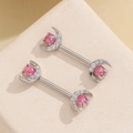 Polished silver stainless steel moon nipple ring set with pink opal and white crystals - Red (Moon Shape)