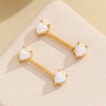 18K gold plated stainless steel heart nipple barbells with white opal stones - White