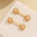 Gold plated stainless steel nipple rings with flower petals and opal stone inlay - Orange