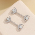 Elegant crescent moon nipple rings with opal stone and sparkling zircon in stainless steel - White (Moon Shape)
