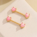 18K gold plated stainless steel nipple rings with pink heart opal stones in barbell design - Pink