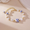 New Chinese style heart blue and white porcelain bead bracelet with pearls and flower - Heart