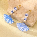 Blue porcelain fan earrings with gold hooks and blue floral ceramic bead accents - Blue and White Porcelain