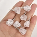 Detailed view of six raw pink crystal pendants with handmade silver wire wrapping - Handmade Wire Wrap Style / Rose Quartz (Random)