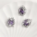 Macro view of purple oval crystal pendants with silver floral leaf frame for DIY jewelry - White K Silver Plated Purple Zircon Oval (Approx 19.7x16mm)