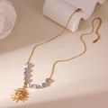 18K gold-plated sun pendant necklace with blue and white porcelain beads on stone - Sun (25WN024)