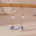 Elegant blue and white porcelain drop earrings with pearls in vintage Chinese style - Ear Thread Style (Model E)