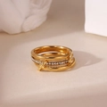 Three-layer interlocking gold stainless steel ring with zircon pave stones on cream background - Size 6 / Gold Rhinestone Inlaid Style (Style A)
