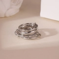 Minimalist silver multi-layer interlocking stainless steel ring with pavé-set zircons - Size 6 / Silver Rhinestone Inlaid Style (Style B)