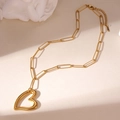 Gold stainless steel paperclip necklace featuring a large hollow heart pendant and lobster clasp - Hollow Heart