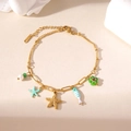 18K gold plated stainless steel bracelet with ocean starfish and pearl charms - Green Fish