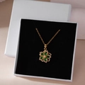 Golden flower necklace with green stones in white gift box for elegant women's style - Green