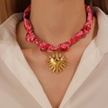 Bohemian paisley silk cord necklace with gold heart sunburst pendant for women - Pink Paisley (25WN190)