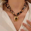 Silk scarf necklace with stainless steel leopard print and tiger eye stone pendant - Brown Leopard (25WN190)