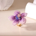 Elegante anello con fiore ricamato viola, perle di cristallo e fascia d'oro regolabile - Viola