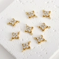 Gold plated copper four-leaf flower connectors with white cubic zirconia for DIY jewelry - White