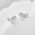 Macro detail of silver bow earrings with pear-cut zircon and streamlined metal ribbons - 6# White Zirconia Double Layer Bow White K