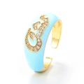 Adjustable gold open ring featuring light blue enamel and micro-set cubic zirconia symbols - Adjustable Open / Light Blue