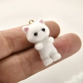 Miniature white flocked cat pendant with gold ring for DIY jewelry making - 36.4x16.7mm / White Bear