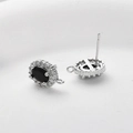 Macro shot of oval black gem stud earring with silver metal base and DIY hanging loop - #4 White Gold Black Diamond Earring Post [1 Piece] (approx. 13.8*8.8mm)
