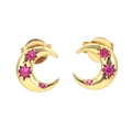 Golden crescent moon stud earrings with sparkling pink zircon star accents on white backdrop - Red