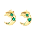 Chic gold crescent moon and star stud earrings with sparkling green zircon crystals - Green