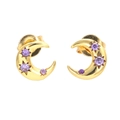 Gold crescent moon stud earrings with purple starburst zircon stones on a white background - Purple