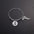 Bracciale rigido in acciaio argento con pendenti lettera R, ala e cristallo lucido. - Stile R