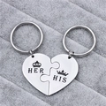 Polished stainless steel heart puzzle keychain set engraved with HIS and HER crown icons - Couple Heart Set