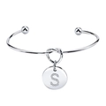 Bracelet jonc à nœud en acier argenté avec breloque ronde et lettre S sertie de cristaux - Style Lettre S (S)
