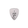 Brushed stainless steel guitar pick pendant with 'I pick you' engraving and heart - I Pick You Hole Style (AL194)