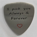 Brushed titanium steel guitar pick with I Pick You engraving and red heart detail - Always & Forever Heart Style (AL324)